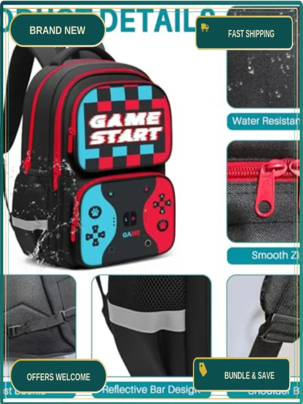 Kids Game Controller Backpack Boys Water Resistant School Bag Ergonomic